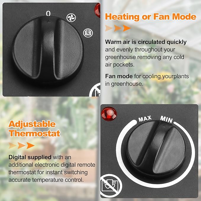 Greenhouse Heater with Digital Thermostat - 1500W Portable Outdoor Heaters for Green House, Fast Heating, Overheat Protection, Space Heaters for Greenhouse, Grow Tent Heater (Red)