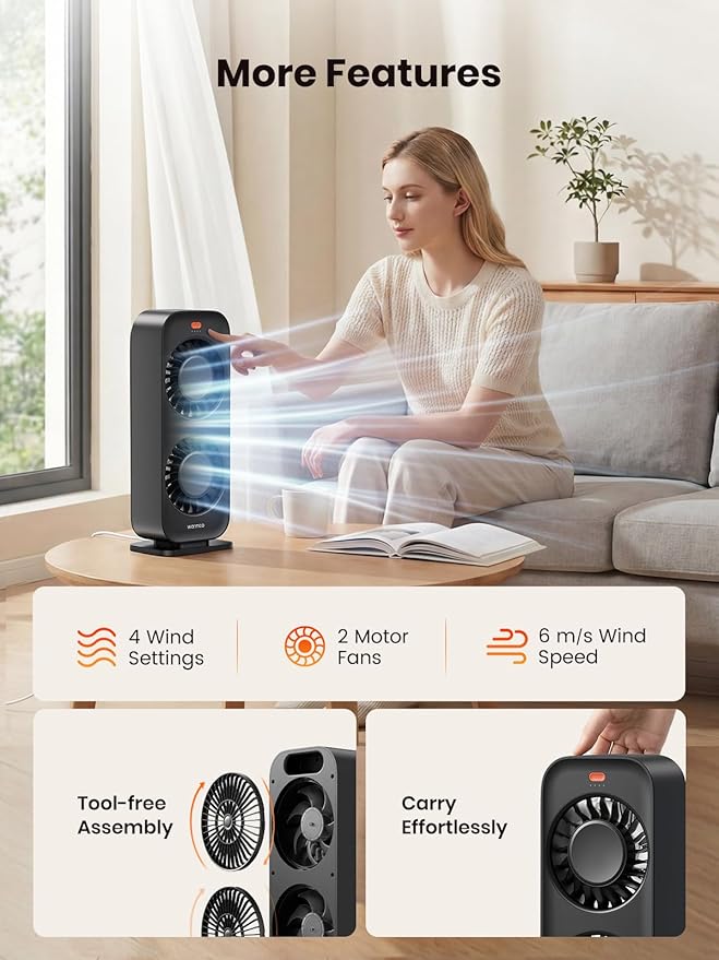 Warmco Desktop Tower Fan for Bedroom, Dual Motor 6m/s High Velocity Desk Fan with 4 Speeds, Quiet Cooling Fan (45dB) for Home Office Dorm, Portable Personal Table Fan with Detachable Grille - Black