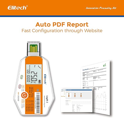 Elitech WHO PQS Certificated 50 Pack 120 Days Temperature Data Logger with Light Sensor Single-Use Cold Chain Monitor (CCM) Temperature Recorder with PDF Report 16000 Points LogEt1