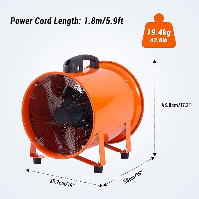 Portable Utility Blower Fan with 33ft Duct Hose, 12" 580W 3500 CFM Heavy-Duty Exhaust Fan, High-Speed Industrial Blower for Workshop Ventilation, Crawl Spaces, Basement, and Confined Areas