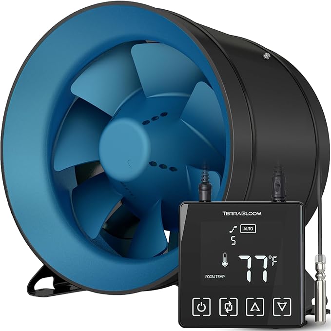 TerraBloom 12 Inch Inline Fan EC - Quiet HVAC Grow Tent Fan with 0-100% Temperature Thermostat Speed Controller - Premium Metal Casing 40-75% Energy Efficient EC Motor - For Large Spaces