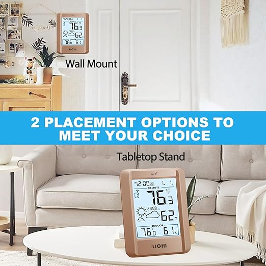 Indoor Outdoor Thermometer Wireless Weather Station External Thermometer Hygrometer Monitor with 330ft Range Remote Sensor, Battery Operated Backlit Display (Khaki)