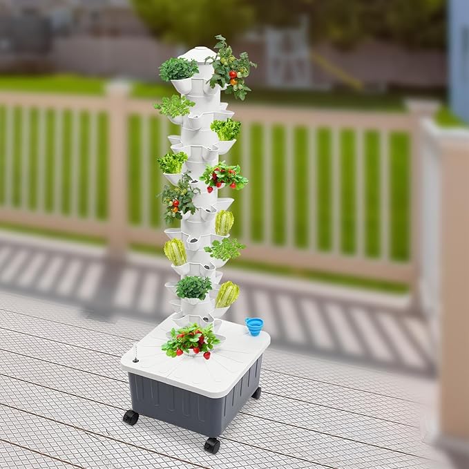50-Holes Hydroponic Tower Growing System Indoor, Garden Vertical Planter Germination Kit with Pump, Hydroponics Growing Tower, Smart Vertical Hydroponic Garden Tower w/Movable Grey Water Tank, IP68