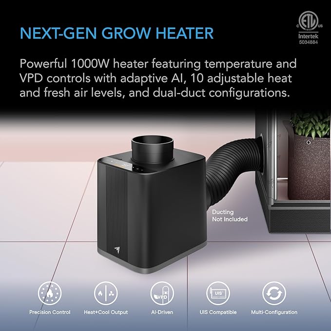AC Infinity THERMOFORGE T7, Environmental Heater 1000W with VPD Temperature Controller, 10-Level PTC Heating and Fresh Air Intake, Adaptive AI, Dual Ducts for Grow Tents, Rooms, Greenhouses