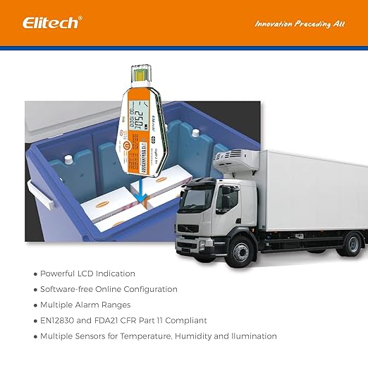 Elitech WHO PQS Certificated 5 Pack 120 Days Temperature Humidity Data Logger with Light Sensor Single-Use Cold Chain Monitor (CCM) Temperature Recorder with PDF Report 16000 Points LogEt1-TH