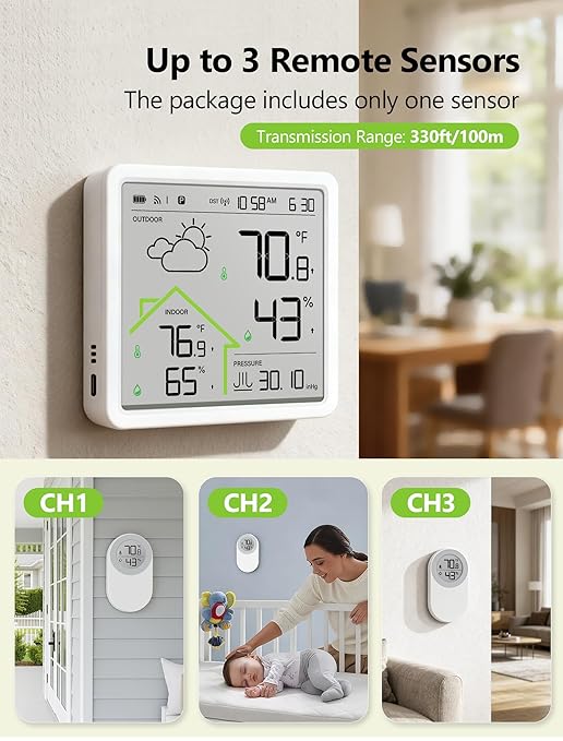 Weather Station with 1 Remote Sensor, Wireless Indoor Outdoor Thermometer Hygrometer, Home Weather Stations with Atomic Clock, Weather Forecast, Temp, Humidity, Barometric, Adjustable Backlight