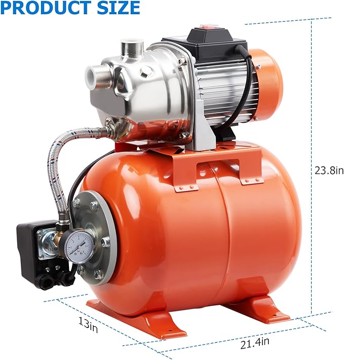 1.6HP Shallow Well Pump with Pressure Tank, Stainless Steel, 115V Irrigation Pump, Automatic Water Booster Jet Pump for Home, Garden, Lawn