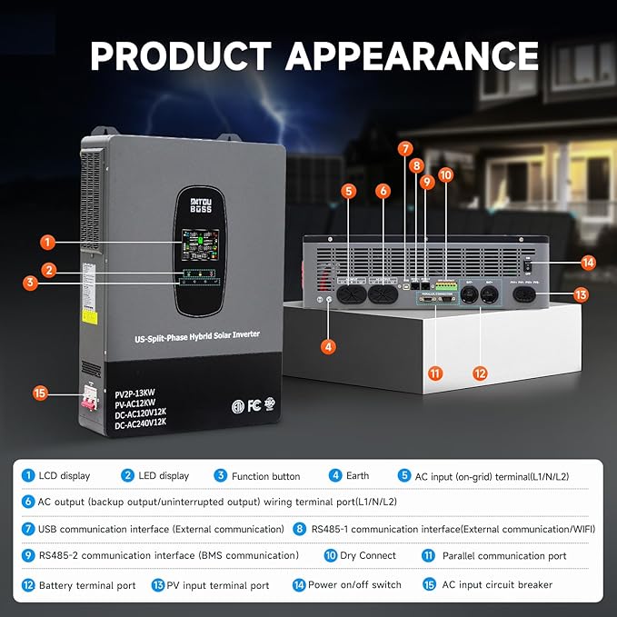 DATOUBOSS 12000W Hybrid Solar Inverter, 48V DC to110V/240V AC Split-Phase Inverter, Built-in 2 MPPT Solar Controllers, Pure sine Wave, Max Charging Current 220A,500V PV Input, Max. 6 Parallel