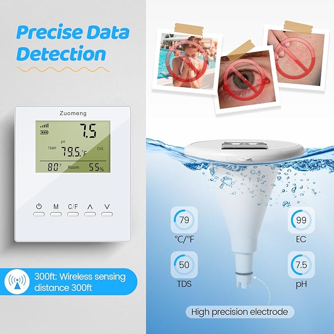 Wireless Pool Monitor, Solar Pool Water Tester with Dual Displays & High-Precision Electrode for Real-Time Detection of Water Temp pH EC TDS for All Swimming Pools, Spas, and Hot Tubs