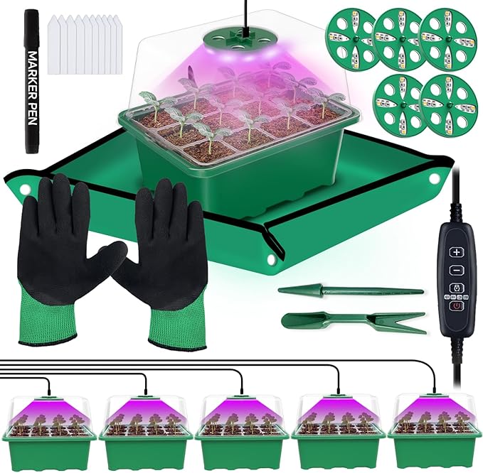 5 Packs Seed Starter Tray with LED Light, Upgraded 60 Cells Seed Starter Kit, Adjustable Brightness & Timing & Vents, Professional Seed Germination Kit for Indoor & Outdoor Plant Growing