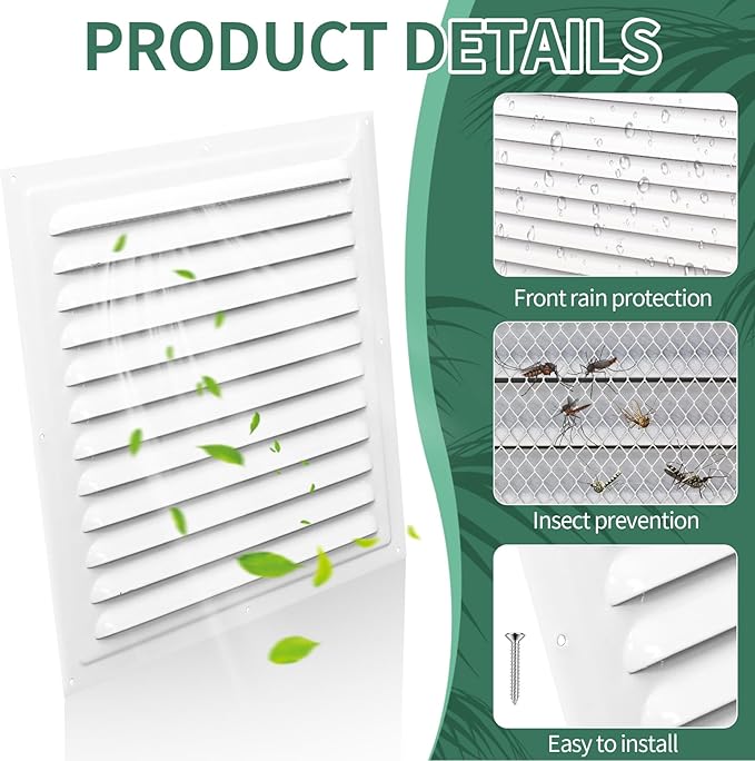 (White 2 Pack 12" x 12"Inch) Gable Vents, Aluminum Walls, Lofts, Garages etc with Screened Metal Shed Vents, Outdoor House Loft Ceiling Reinforced Square Vents Shutters Exterior Grille (Gloss)