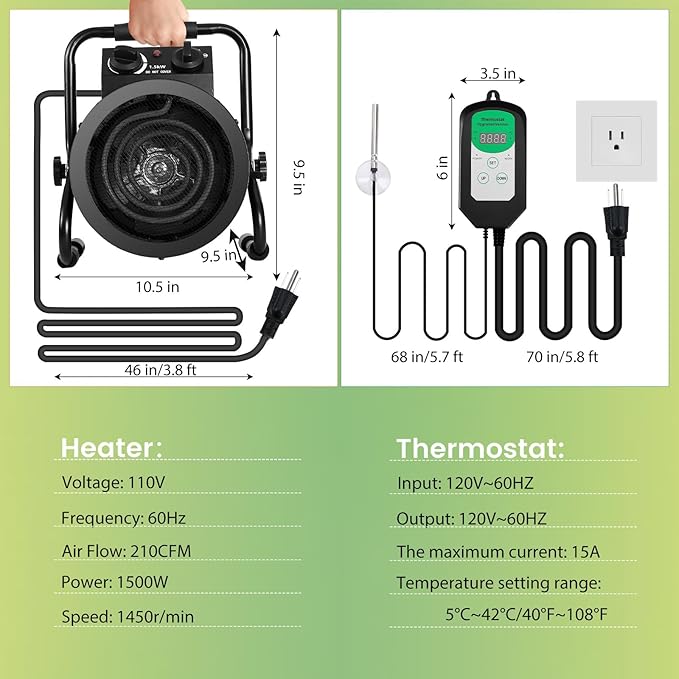 Greenhouse Heater with Thermostat, Large Size, 1500W Electric Heater, Fast Heating, Overheat Protection, Auto Temperature Control with Digital Display, for Winter Plants and Grow Tent