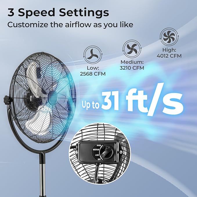 LDAILY High-Velocity Pedestal Fan, 18’’ Metal Oscillating Fan with 4012CFM Airflow, 3 Speed, 360 Degree Tilt & Adjustable Height, Black Standing Fan for Bedroom, Home, Office, Garage (18 Inch)