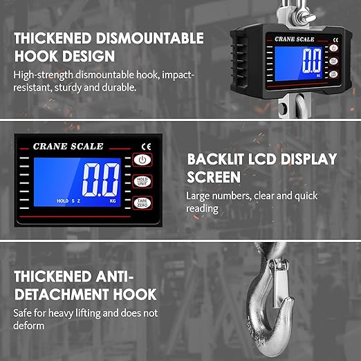 1000kg Heavy Duty Crane Scale, Digital Hanging Scale with Backlit LCD, Data Hold, Tare & Unit Switch, Auto Off, Aluminum Alloy Industrial Scale for Factory Construction Farm