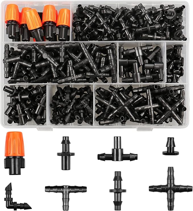 Drip Irrigation Fittings Kit for 1/4 Inch Tubing, 260 Pcs 1/4" Drip Line Barbed Connectors - 85 Couplings, 55 Tees, 10 Nozzles, 10 Nozzle Tees, 25 Single barbs, 25 Elbows, 25 Plugs, 25 Crosses