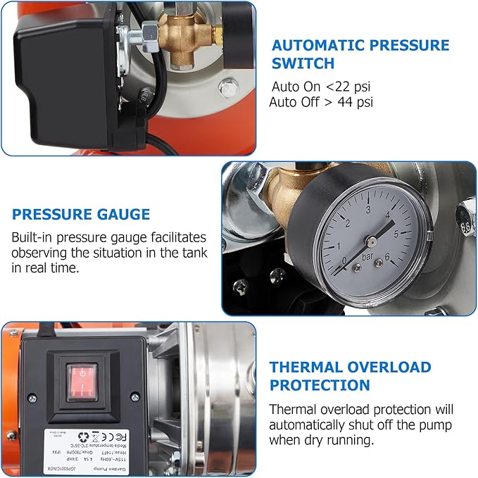 1.6HP Shallow Well Pump with Pressure Tank, Stainless Steel, 115V Irrigation Pump, Automatic Water Booster Jet Pump for Home, Garden, Lawn