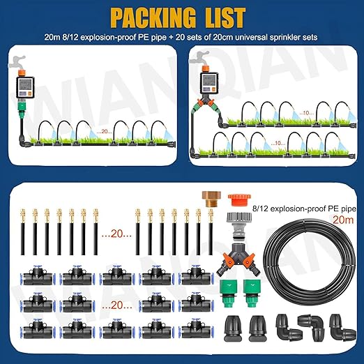 Automatic Drip Irrigation System, Nozzle Drip Irrigation Garden Watering, Greenhouse Drip Irrigation Kit, 360° Adjustable Misting Nozzle, Smart Timer 1Sec - 300 Min, Easy Installation 20m