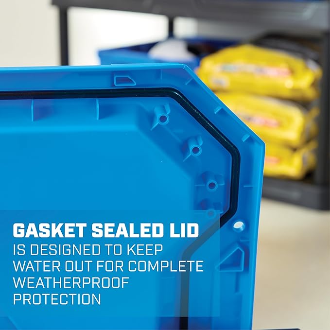 24 Gallon Heavy Duty Water Resistant Storage Bin, Large Plastic Latching Tote with Blue Lid & Black Base, Stackable Container for Garage, Basement & Home Organization