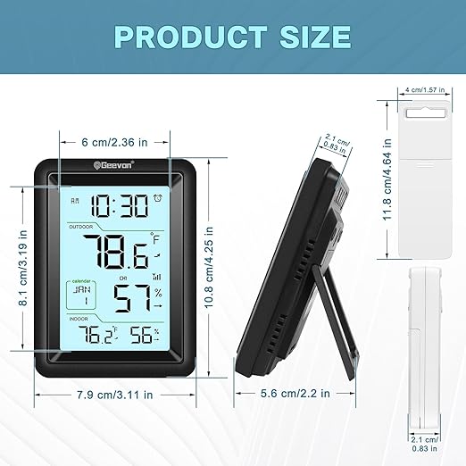 Geevon Wireless Indoor Outdoor Thermometer & Hygrometer with Remote Sensor – Digital Temperature & Humidity Monitor, Alarm, Snooze, 10s Backlight