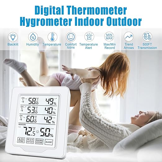 Indoor Outdoor Thermometer Wireless with 3 Remote Sensors, Digital Temperature Humidity Monitor Gauge with 500FT/150M Range, Temp Alert and Backlight