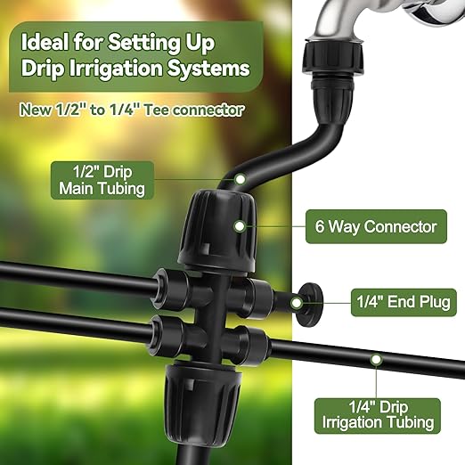 Kalolary 5PCS 1/2'' to 1/4'' Barbed Tee Quick Connectors, Push-to-Fit 6 Way Drip Irrigation Fittings with 4PCS Plugs Anti-Leak Drip Irrigation Part for 1/2" Irrigation Tubing Garden Watering System