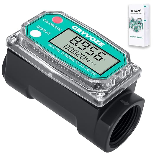 1 Inch PP Digital Turbine Water Flow Meter, 2.4-26 GPM Plastic Inline NPT Thread Flowmeter, Corrosion Resistant for Pool, Seawater, Chemicals and Liquid Measurement