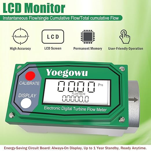 1" Digital Turbine Fuel Flow Meter, 2.6–26 GPM Inline NPT Flowmeter with LCD Display and 3/4" Adapters,For Diesel,Gasoline,Kerosene, Water and Other Liquids –Supports Gallon, L, QTS, PTS, m³ (1"&3/4")