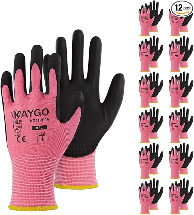 KAYGO Work Gloves for Men and Women,12 Pairs Seamless Knit PU Coated Safety Gloves, with Smooth Grip on Palm and Fingers, Ideal for Light Warehouse, Manufacturing, Gardening, KG11P (L,Pink)