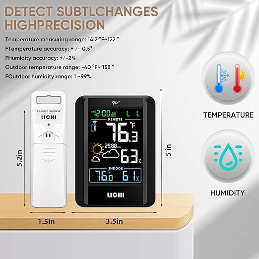 Indoor Outdoor Thermometer Wireless Weather Station External Thermometer Hygrometer Monitor with 330ft Range Remote Sensor, Battery Operated Backlit Display (Colorful)