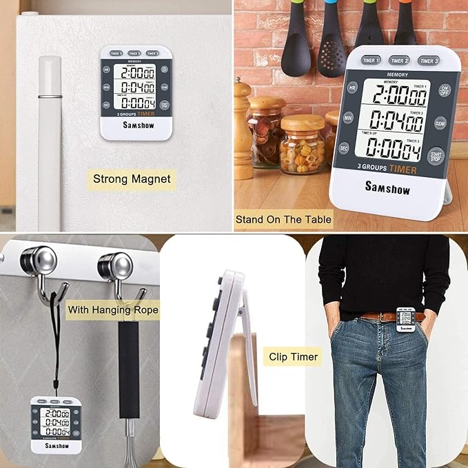 (2 Pack) Digital Kitchen Timers for Cooking Triple Timer Count UP/Down Dual Timer Large LCD Display, Adjustable Volume Loud Alarm, Magnetic Stopwatch, Battery Included White