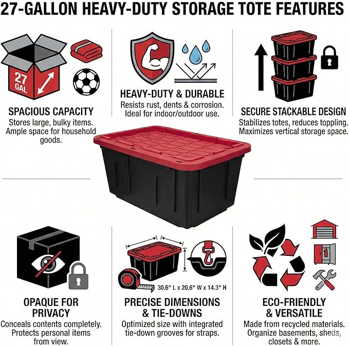 27 Gallon Heavy Duty Storage Bins with Lids – Stackable Industrial Plastic Totes for Garage Organization, Moving, and Attic Storage – Lockable Snap-Fit Container, Black/Red (2 Pack)