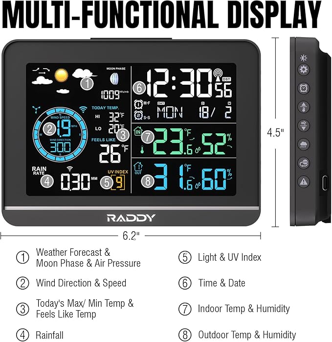 Raddy UV-6 Professional Weather Station with 6" VA Display and Outdoor Sensor, Wireless Indoor Outdoor Temperature & Humidity Monitor, Atomic Clock, UV & Light Index, Wind Speed, Rain Gauge