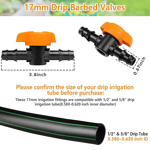 1/2 Inch Drip Irrigation Barbed Valve, 8 Pack 1/2" Drip Barbed Shut Off Valves for 1/2 In. Drip Irrigation Tubing (.570-. 620" ID), 1/2" in-Line Cut Off Switch Valves for Drip Sprinkler System