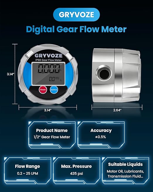 1/2" NPT Digital Gear Flow Meter, ±0.5% Accuracy, 0.05–6.6 GPM, for Low-Flow, High-Viscosity Liquids, Compatible with Motor Oil, Lubricants, Antifreeze & Hydraulic Systems