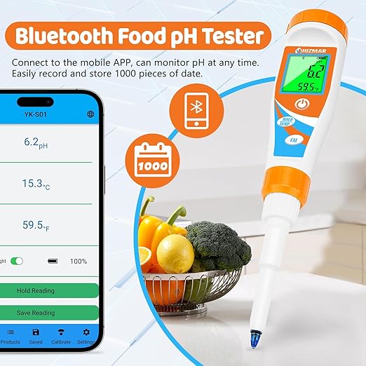 UIUZMAR Smart pH Meter for Food pH Test Kit for Sourdough and Bread Dough Professional Spear Sensor Food Tester Digital pH Meter for Sausages Meat Cheese Sushi Rice and Other Solid Semi-Solid