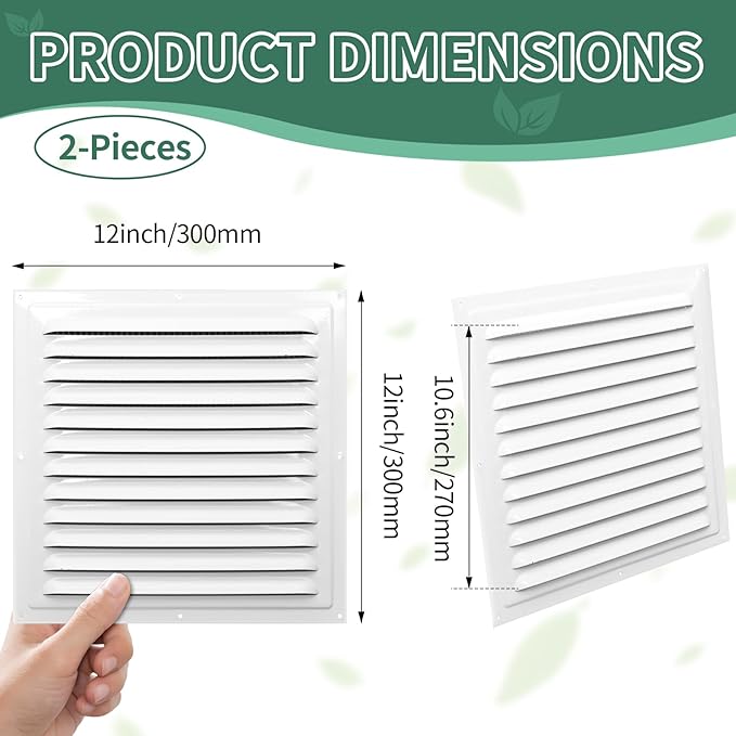 (White 2 Pack 12" x 12"Inch) Gable Vents, Aluminum Walls, Lofts, Garages etc with Screened Metal Shed Vents, Outdoor House Loft Ceiling Reinforced Square Vents Shutters Exterior Grille (Gloss)