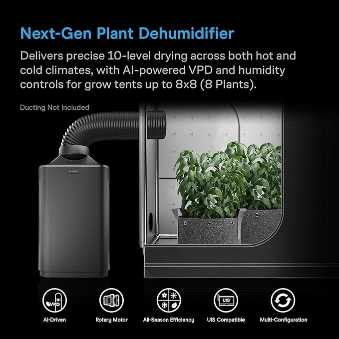 AC Infinity HYDRONE 7, Smart Plant Dehumidifier, Humidity VPD Control, 10 Drying Levels, Precise Rotary Motor, Dynamic AI Targeting, Effective in Hot/Cold Environments, up to 8x8 Grow Tents