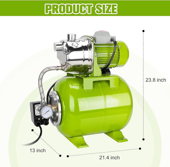 1.6HP Shallow Well Pump with Pressure Tank, 115V, Stainless Steel Irrigation, Automatic Water Booster Jet Pump for Home, Garden, and Lawn Use – Reliable Water Supply Solution