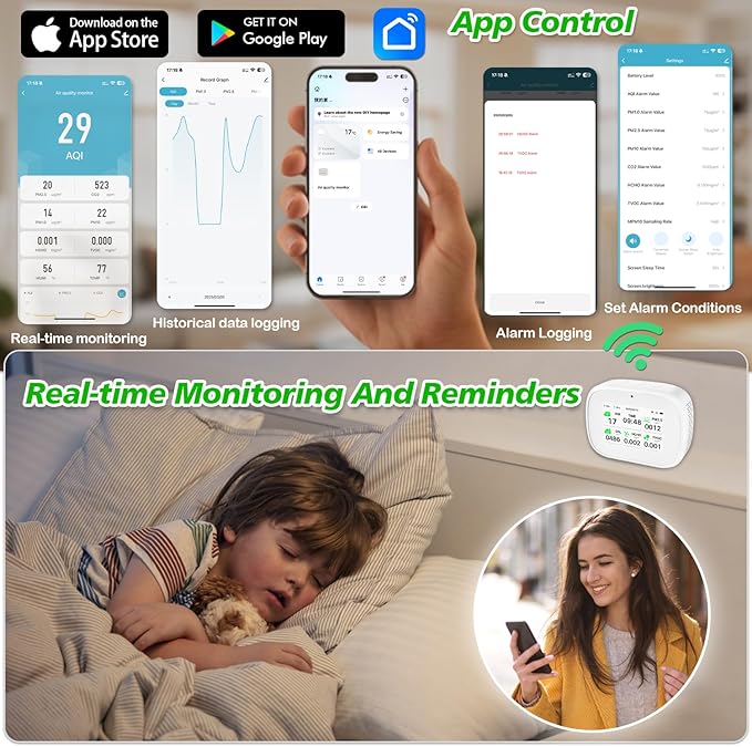 Air Quality Monitor, Dual Chip Multi-Functional Air Quality Detector for AQI, CO2, PM2.5, HCHO & TVOC Testing, Suitable for Home, Office and Indoor Air Monitoring - White