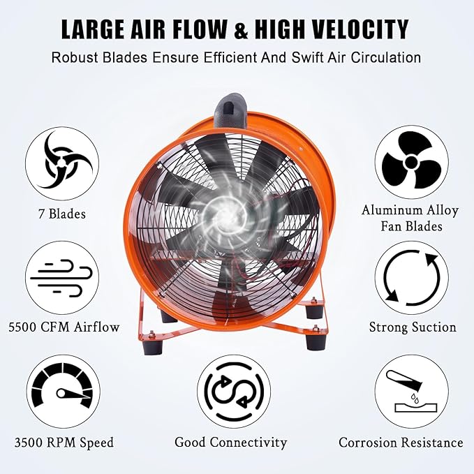 Portable Utility Blower Fan with 16.5ft Duct Hose, 12" 580W 3500 CFM Heavy-Duty Exhaust Fan, High-Speed Industrial Blower for Workshop Ventilation, Crawl Spaces, Basement, and Confined Areas