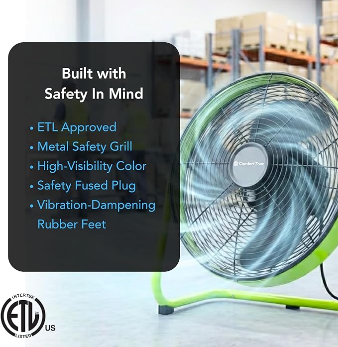 Comfort Zone 20-Inch High-Velocity Industrial Floor Fan, Heavy-Duty 3-Speed Metal Shop Fan with 180° Adjustable Tilt & Carry Handle, Quiet Vibration-Free Cooling for Garage, Workshop, & Home
