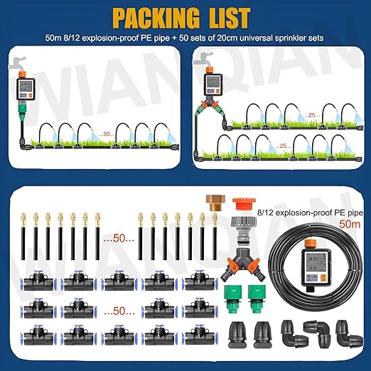 Automatic Drip Irrigation System, Nozzle Drip Irrigation Garden Watering, Greenhouse Drip Irrigation Kit, 360° Adjustable Misting Nozzle, Smart Timer 1Sec - 300 Min, Easy Installation 50m+Controller