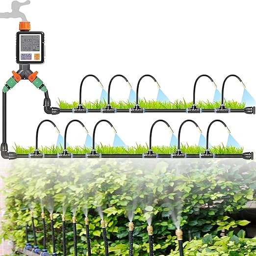 Automatic Drip Irrigation System, Nozzle Drip Irrigation Garden Watering, Greenhouse Drip Irrigation Kit, 360° Adjustable Misting Nozzle, Smart Timer 1Sec - 300 Min, Easy Installation 50m