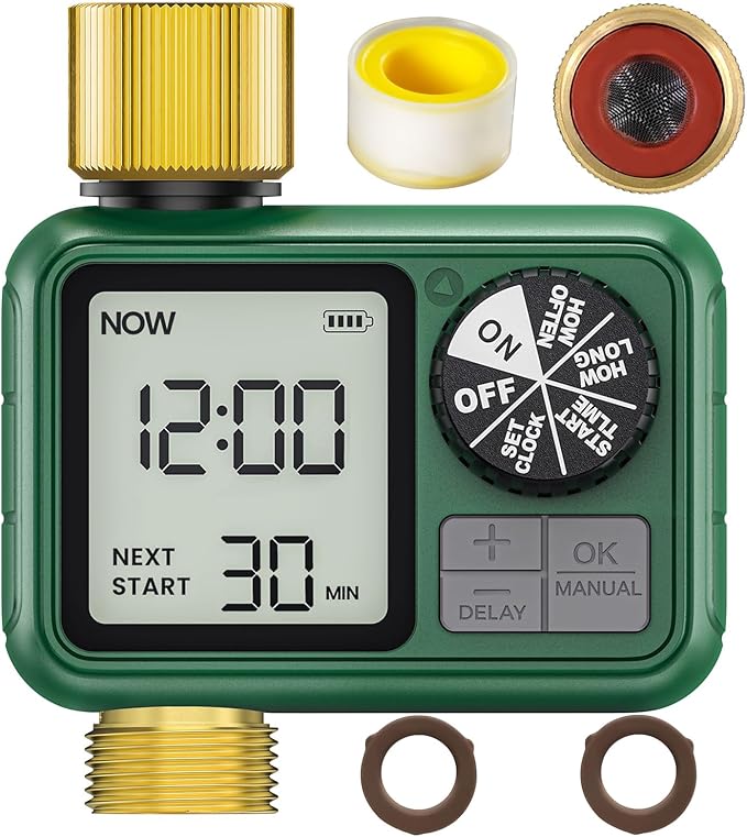 1 Zones Brass Inlet & Outlet Water Timer for Outdoor Garden Hose, Sprinkler Timer for Garden Faucet with Auto/Manual/Rain Delay Mode, Sprinkler Irrigation Controller for Yard Lawn
