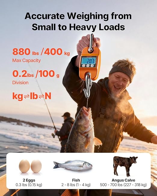 VEVOR Digital Crane Scale, 880 lbs/400 kg, Industrial Heavy Duty Hanging Scale with Cast Aluminum Case & LCD Screen, Handheld Mini Crane with Hooks for Farm, Hunting, Fishing, Outdoor, Garage (Orange)