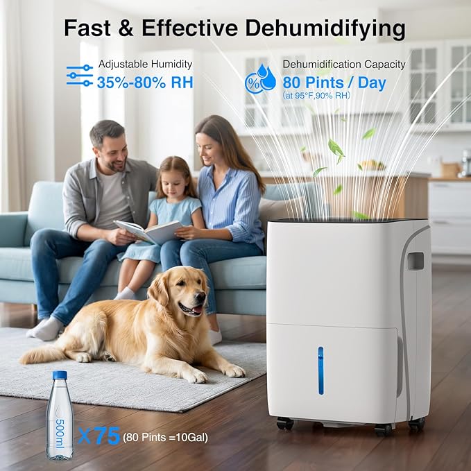 ZAFRO 5000 Sq.Ft Dehumidifiers for Home and Basement with Drain Hose, Energy Saving Max 80 Pints Dehumidifier with Auto or Manual Drainage, Auto Defrost, Three Modes, 24Hrs Timer