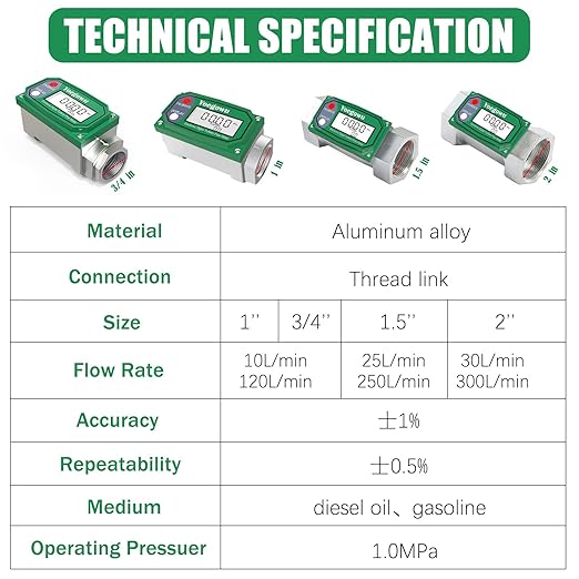 1.5" Digital Turbine Fuel Flow Meter, 10.5–74 GPM Inline NPT Flowmeter with LCD Display,for Diesel,Gasoline,Kerosene, Water and Other Liquids –Supports Gallon, L, QTS, PTS, m³ (1.5")