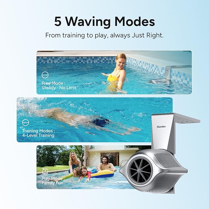 (2026 New) iGarden P160 Swim Jet for Pool, Swimming Pool Current Machine with 5 Wave Modes, 0-100% Adjustable Water Flow Trainer for Recreational Training, Fitness & Family Leisure