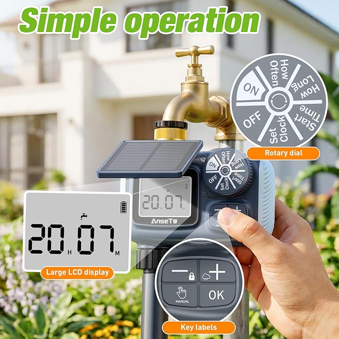 Solar Sprinkler Timer, Solar & Type-C Rechargeable Water Timer for Garden Hose, Programmable Faucet System with Rain Delay/Manual/Auto Mode, Digital Irrigation Controller for Lawn/Yard/Pool