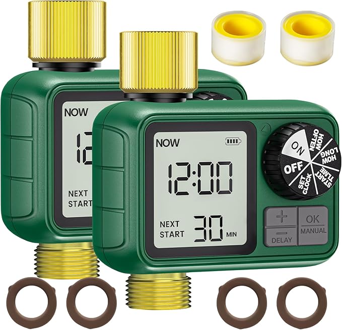 1 Zones Brass Inlet & Outlet 2 Pack Water Timer for Outdoor Garden Hose, Sprinkler Timer for Garden Faucet with Auto/Manual/Rain Delay Mode, Sprinkler Irrigation Controller for Yard Lawn